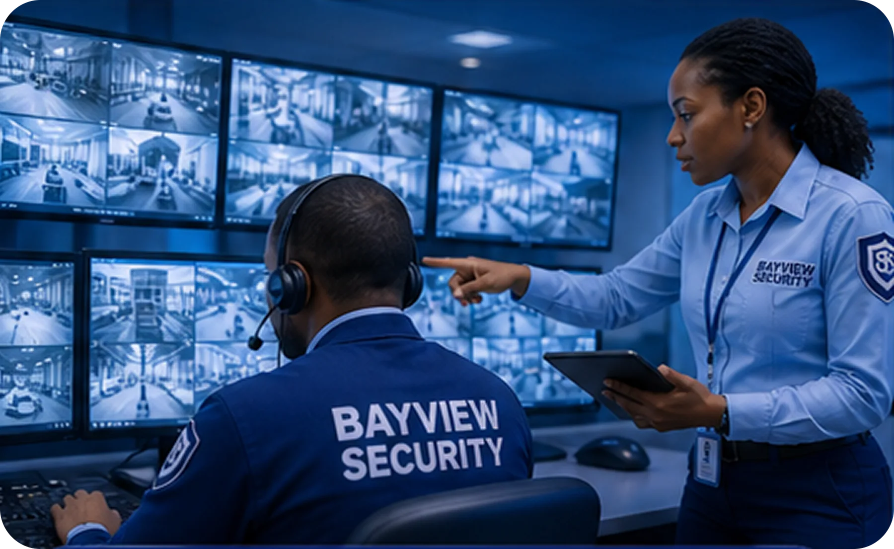 Bayview Security personnel monitoring surveillance screens in a control room.